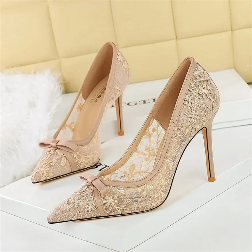 جديد إمرأة مثير الفم الضحلة سوبر عالية الكعب مع القوس أشار تو الدانتيل شبكة السيدات الفم الضحلة سليم حذا فردي للسيدات #2