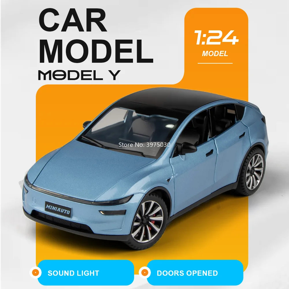 

1:24 Model Y Diecast Alloy Car Model Minature Toys with Sound Light Doors Opened Pull Back Vehices Surprise Gift for Boyfriends