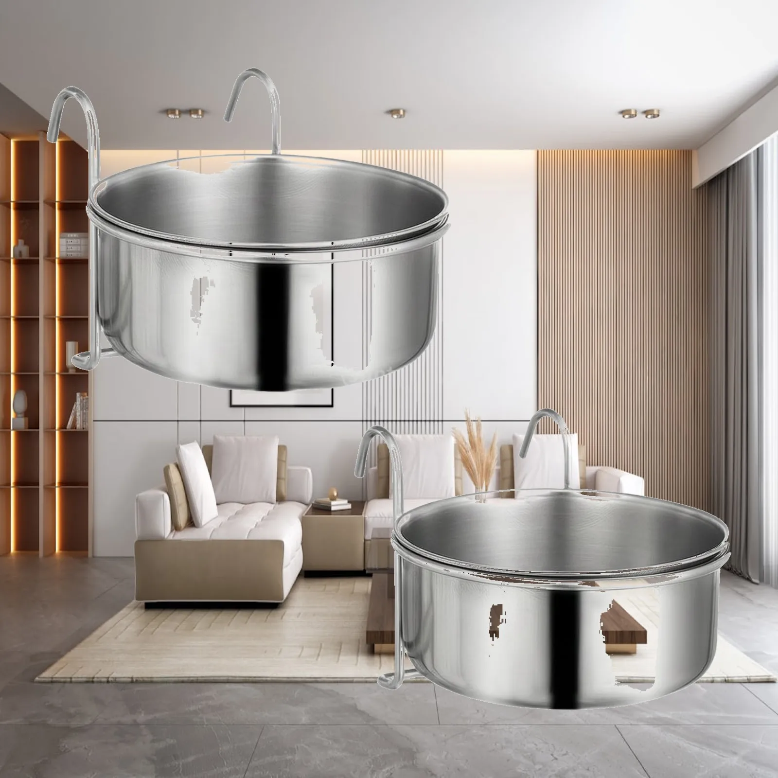 Hanging Pet Bowl Industrial Stainless Steel Double Pack for Bird Cage Bunny Feeder Water Dish with Hook