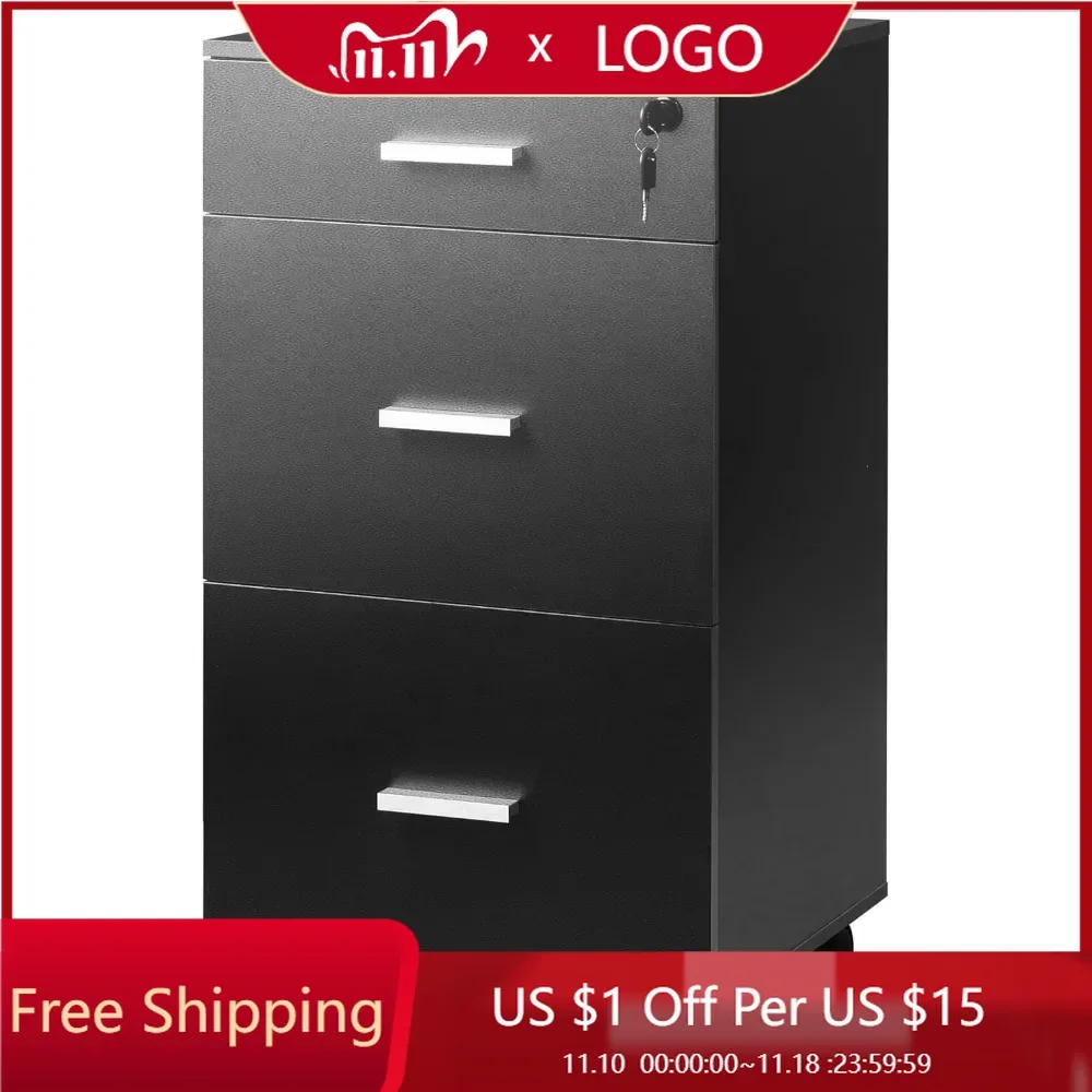 3-drawer Rolling Filing Cabinet with Lock, Wooden Filing Cabinet Suitable for Home Office Letterhead, Black Filing Cabinet