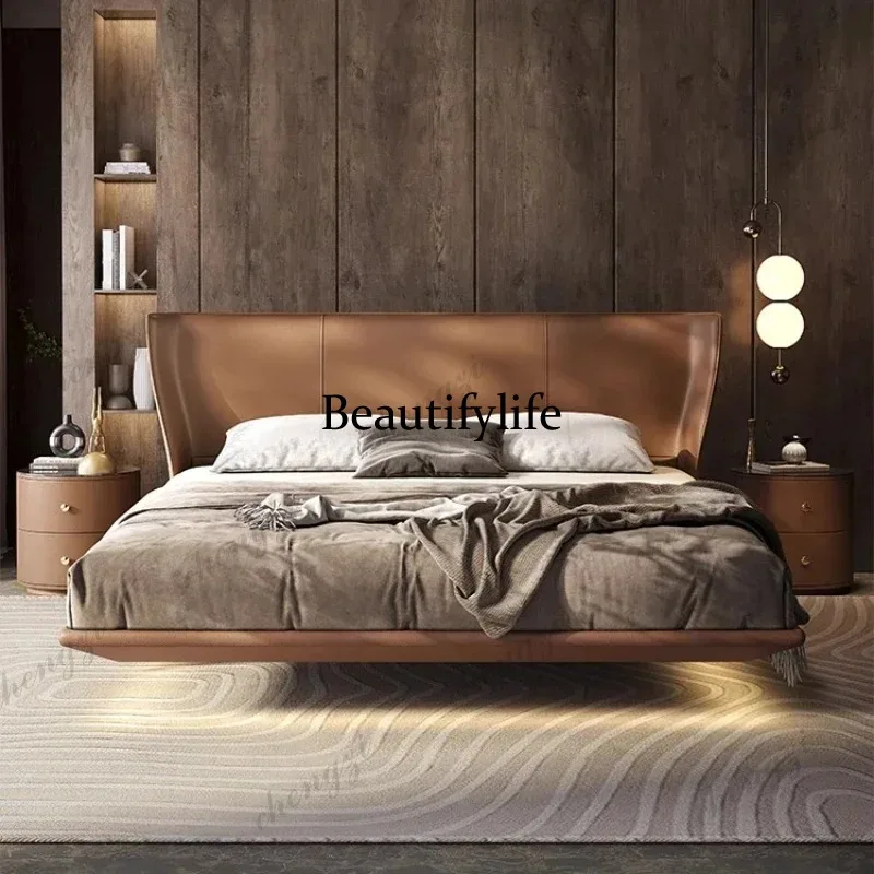 K182 Luxury Comfortable Genuine Leather Modern Bedroom Bed Internal 180x200 Letto Matrimoniale Furniture Minimally Elegant Doubl