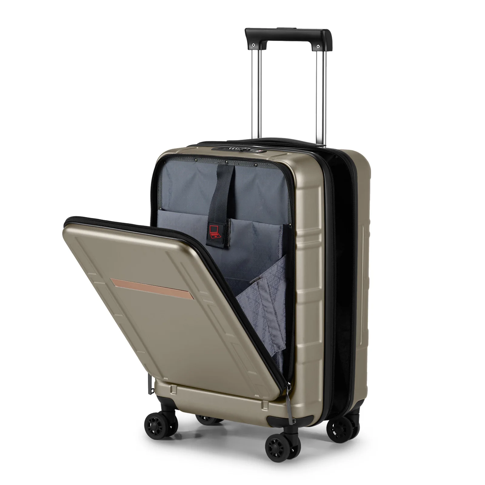 22 X 14 X 9 Airline Approved, ABS+PC 20 Inch Luggage with Front Compartment, Double Spinner Wheels, TSA Lock，Khaki Color