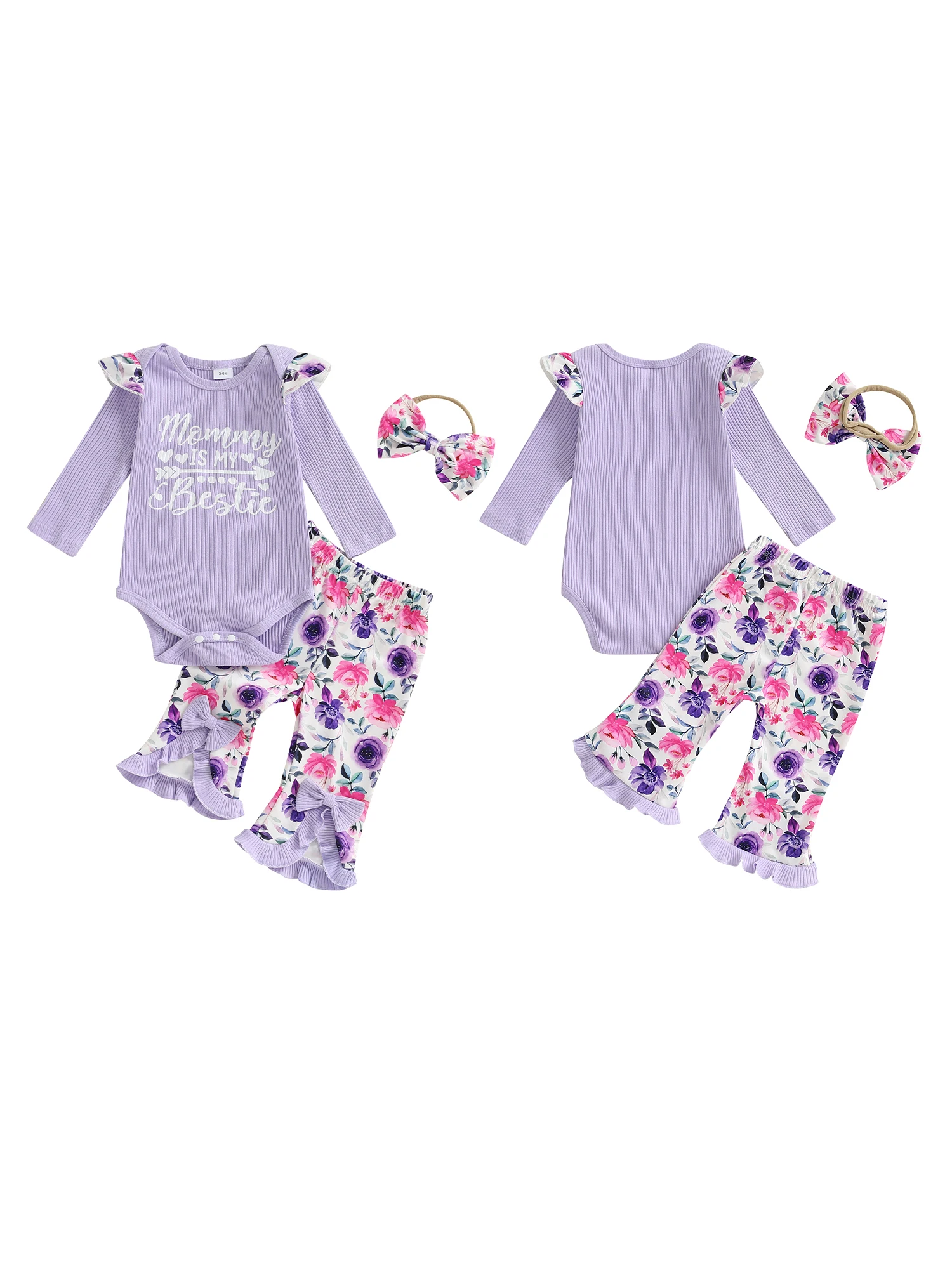 

Комплекты брюк из 3 предметов для маленьких девочек, комбинезон с длинными рукавами и буквенным принтом, расклешенные брюки с цветочным принтом, комплекты с повязкой на голову