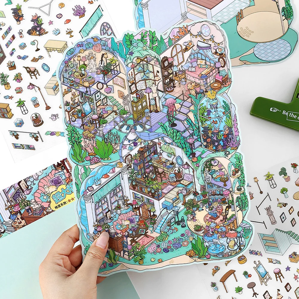 Kawaii Cartoon Miniature Scene Pocket House 2.5D 3D Landscaping Sticker Visual Stacking Stickers Children's Festival Gift