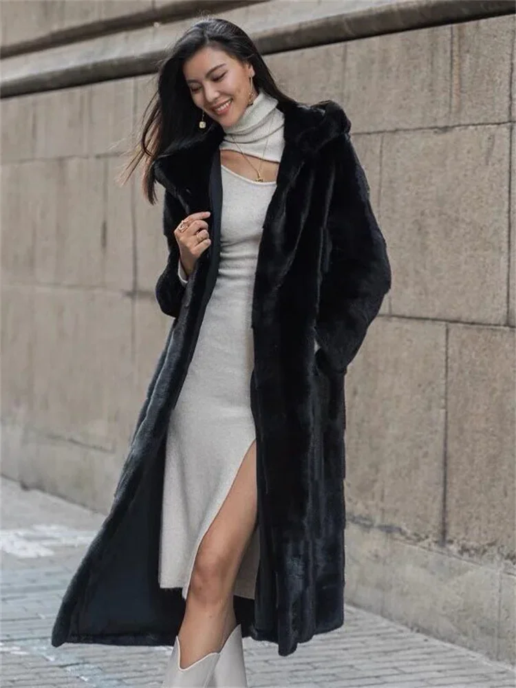 Black Mink Fur Coat Women Long Hooded Warmth Clothing 2023 Winter New Fashion Slim Pockets Faux Fur Jackets Feminina