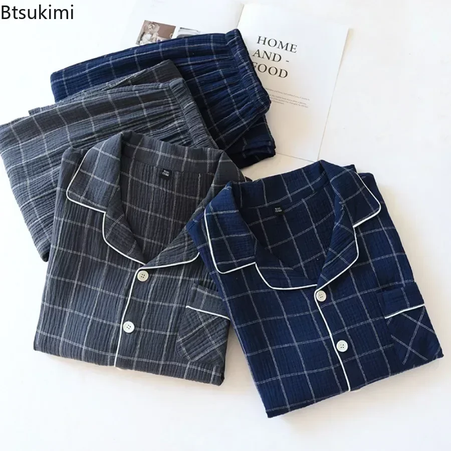 2024 Men's Casual Plaid Pajama Sets Soft 100% Cotton Pajamas Lounge for Men Long Sleeved Shirts and Pants Sets Homewear Clothing