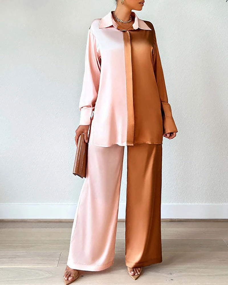 

STYLISH LADY Contrast Color Home 2 Piece Set Women Long Sleeve Shirt and Wide Leg Pant Suits 2023 Spring Elegant Party Outfits