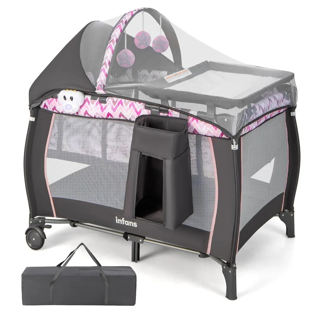 

4 in 1 Pack and Play, Portable Travel Baby Playard with Bassinet, Changing Table, Canopy, Mosquito Net, Hanging Toys, Music Box