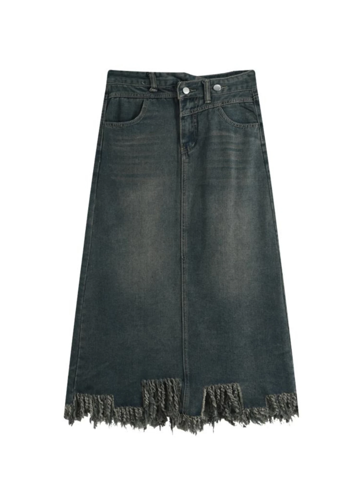 

Women's Blue Mid Long Denim Skirt Vintage High Waist Tassel Jean Skirt Harajuku Y2k A-line Oversize Skirts 2000s Clothes Spring