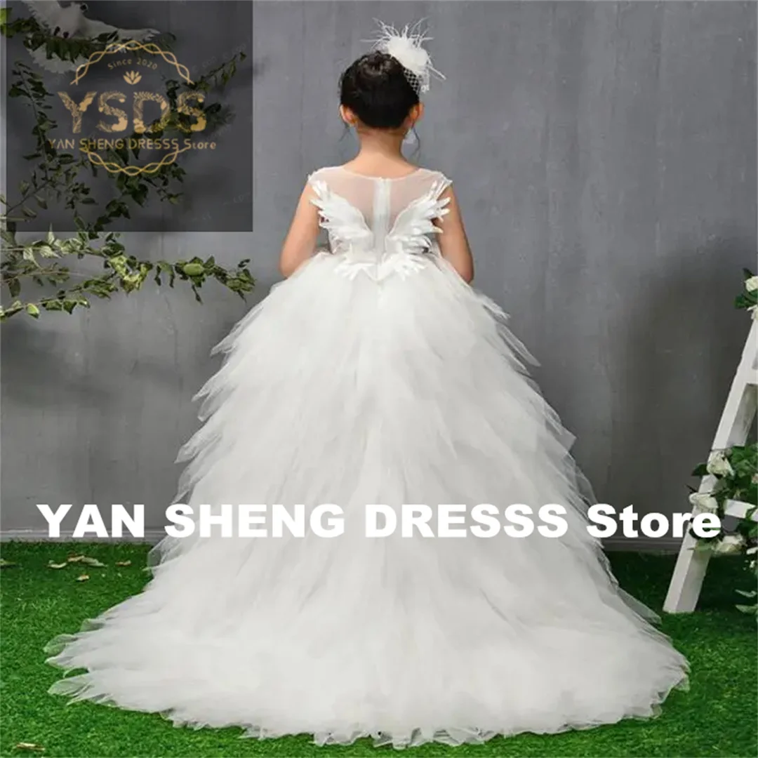 Tulle Trailing Flower Girl Dresses Ball Gown Kids Pageant Dress Birthday Party High-end Feather Princess Dresses