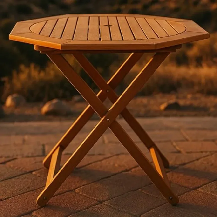 Outdoor octagon folding table for patio use, made of meranti wood in natural brown color with umbrella hole and weather-resista