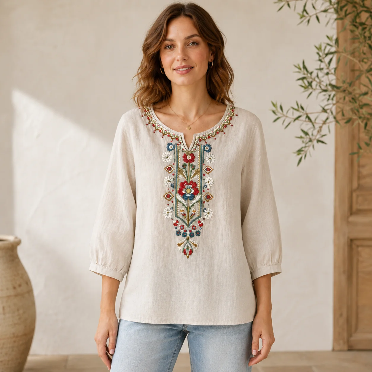 Women Boho Embroidered Blouse 3/4 Sleeve Split V Neck Floral Tunic Top Casual Loose Fit Summer Shirt