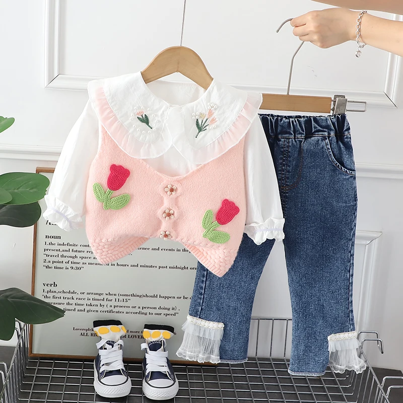 

Autumn Children Clothing Sets for Baby Girls Knitted Vest Floral Shirt Lace Jeans Princess Clothes Kids Tracksuit Infant Outfits