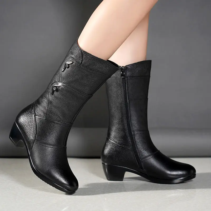 New Winter Women Boots Plush Warm Snow Boots High-quality Leather Boots Fashion Mid-calf High Heel Shoes for Women Botas Mujer