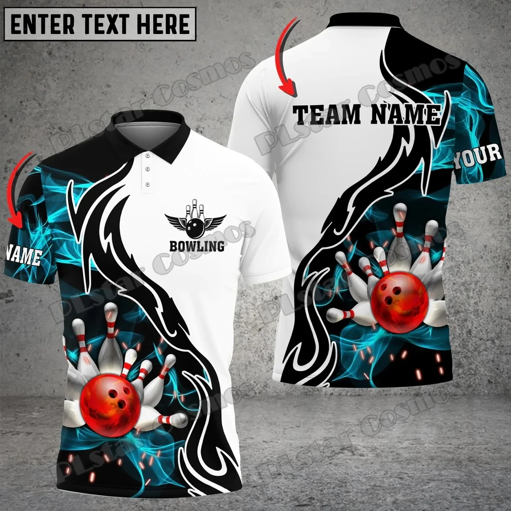 Bowling And Pins Cyan Smoke Pattern Customized Name 3D Printed Men's Polo Shirt Summer Street Unisex Casual Polo shirt WK95