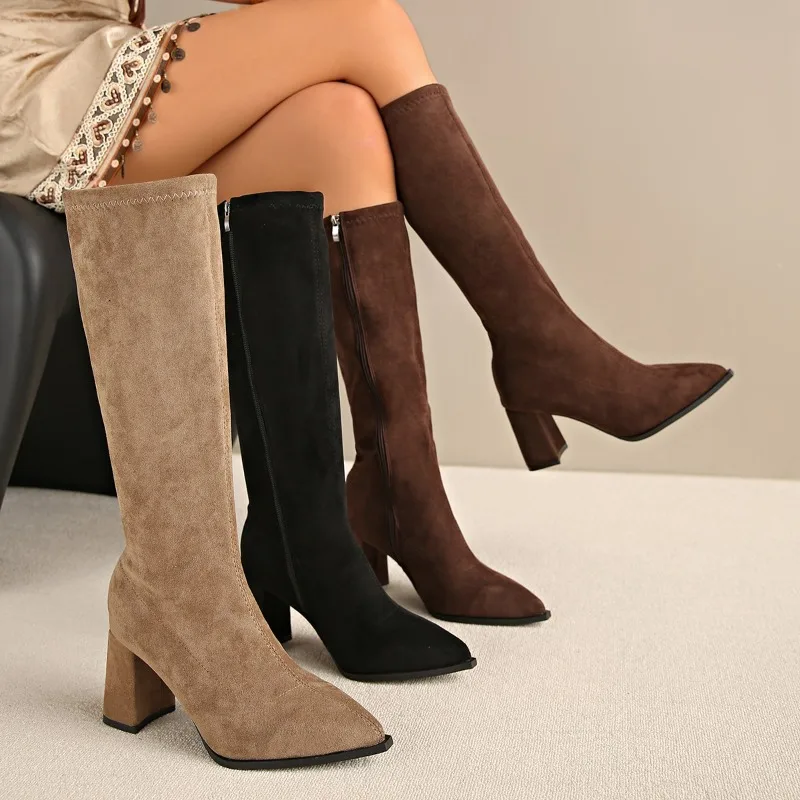 Hohe Stiefel aus Wildleder mit spitzer Zehenpartie, modischer seitlicher Reißverschluss, weiche Sohle, rutschfeste, verschleißfeste Schuhe mit Blockabsatz