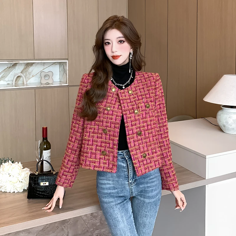 High Quality Elegant Weave Plaid Tweed Jacket Coat Women Blazer Autumn Winter Causal Office Ladies Fashion Suit Jacket