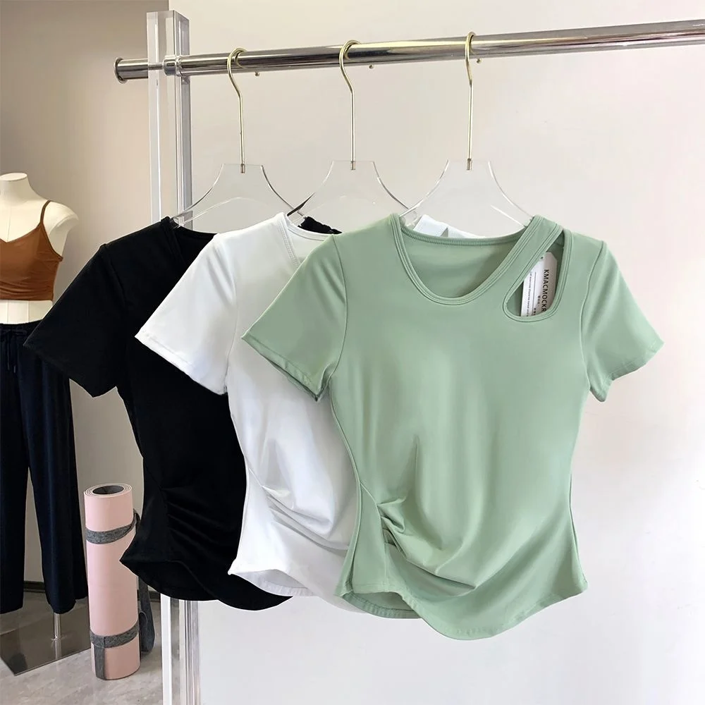 Women's ort Sve T-irt Hollow out Yoga Wear Slim Fit  Color Slimming Sport Fitn ort Sle Outerwear Top