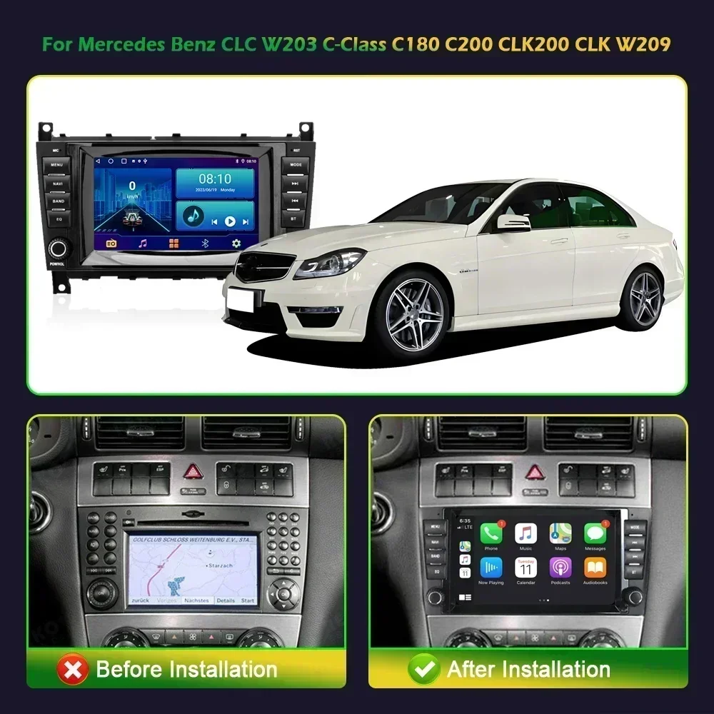 For Mercedes Benz CLC W203 C-Class C180 C200 CLK200 CLK W209 Wireless Android Carplay Multimedia Navigatio 2Din Head Unit Screen