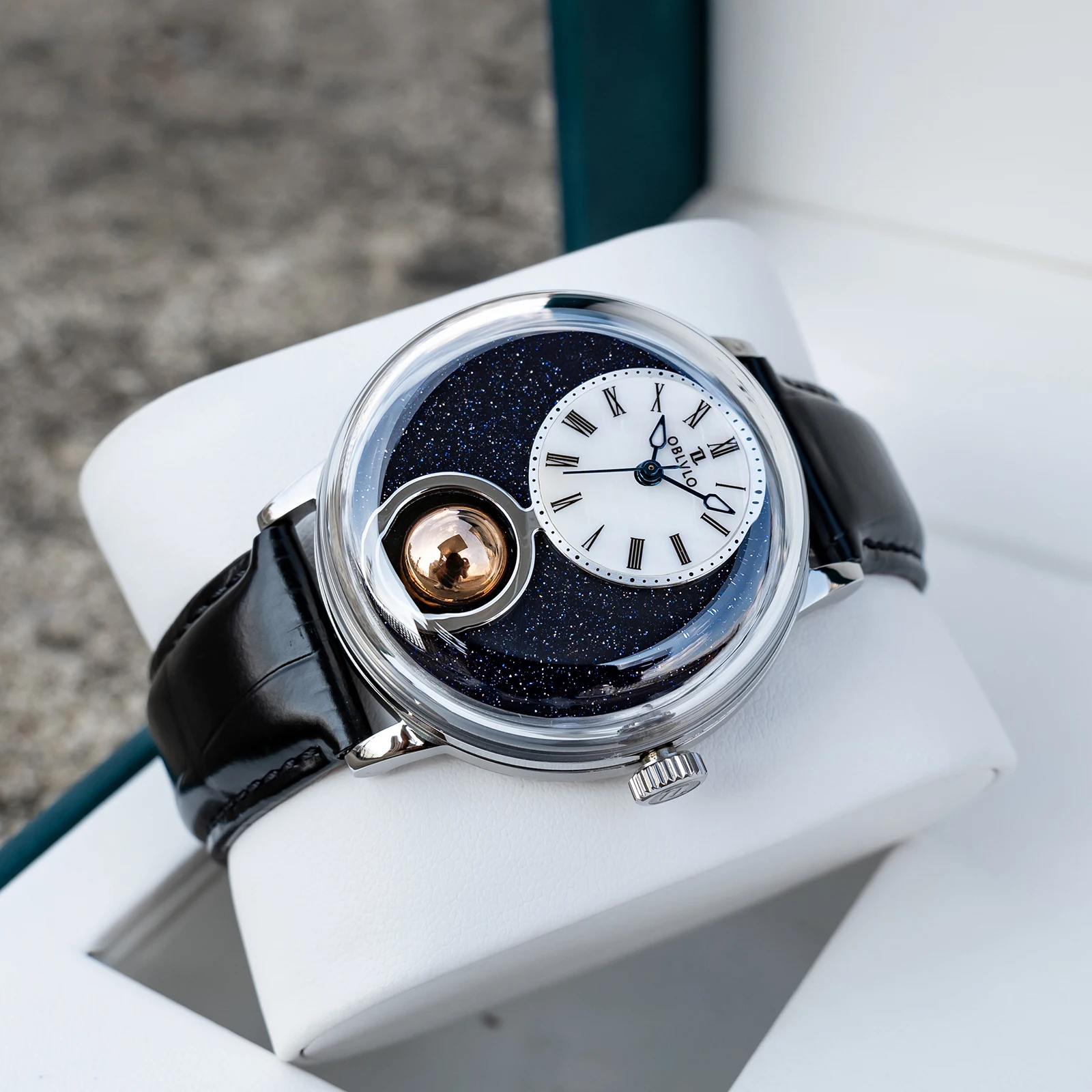 OBLVLO メンズ 316L ステンレス鋼機械式自動時計中空星空 24 時間表示レザーストラップクラシック腕時計