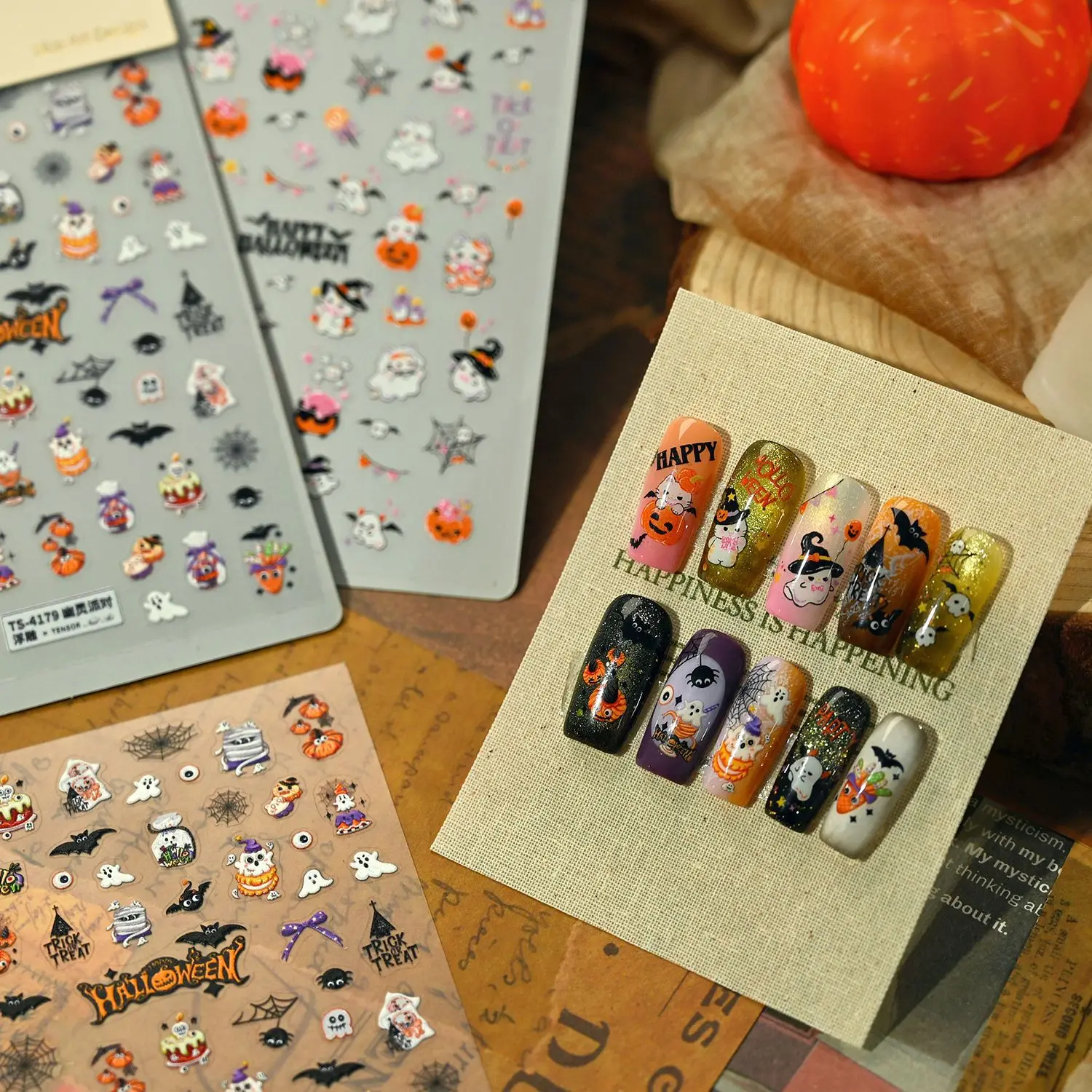 

Nail Stickers Spooky Embossed Halloween Pumpkin Ghost Spider Web Skull Non Toxic Self Adhesive for Dark Party