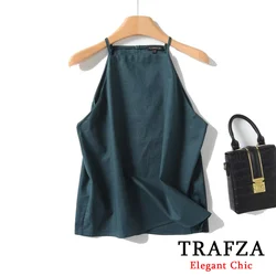 TRAFZA French Luxury Linen Blend Green Women Shirt Sleeveless Tops Fashion 2024 Autumn Summer Office Lady Minimalist Blouse