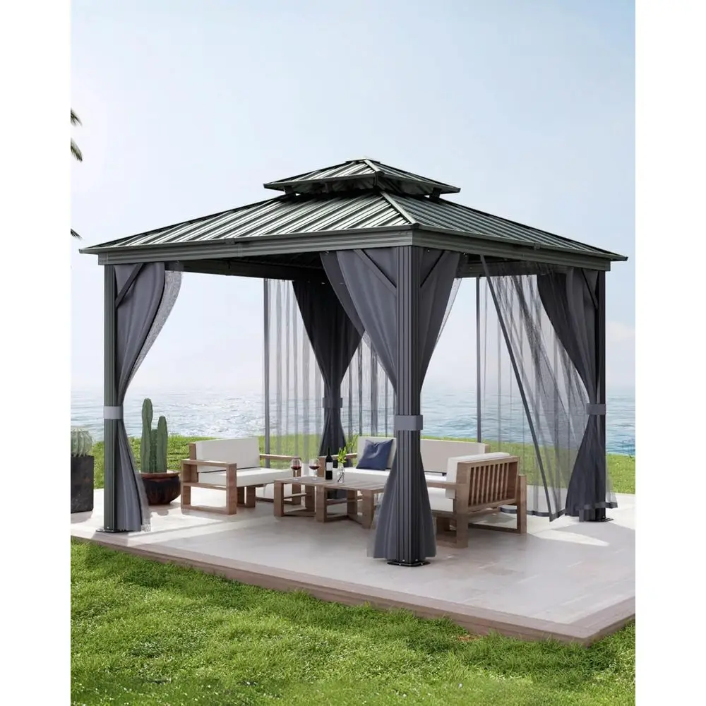 

Hardtop Gazebo 12 t x12 t or All Weather, with Double Metal Roo, Alloy e, Net, and Curtain, Permanent Building or Patio, Deck, B
