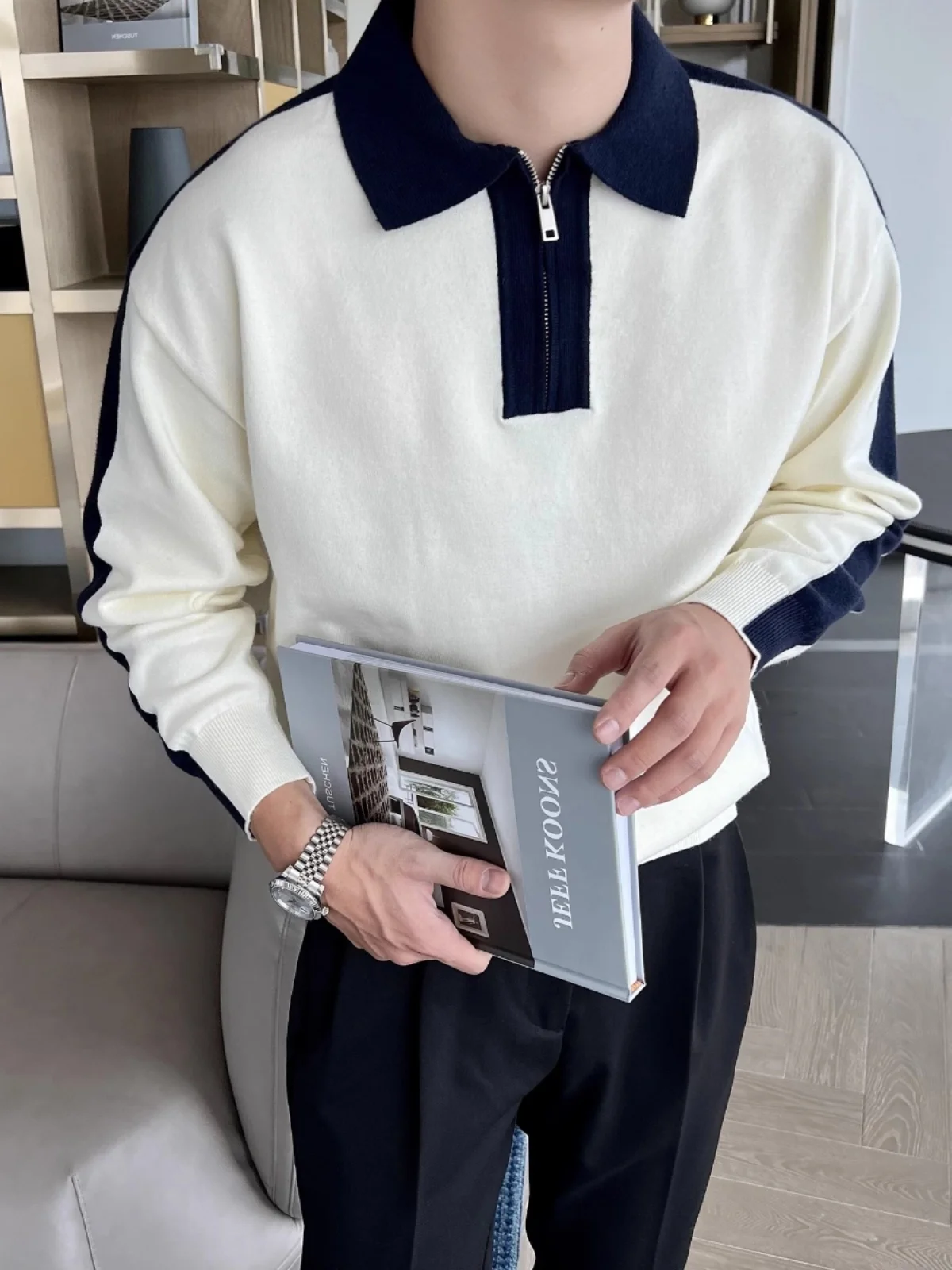 

Мужская вязаная рубашка с контрастным воротником, длинным рукавом, модная, в городском стиле, молодежная, динамичная, трендовая, весна-осень.