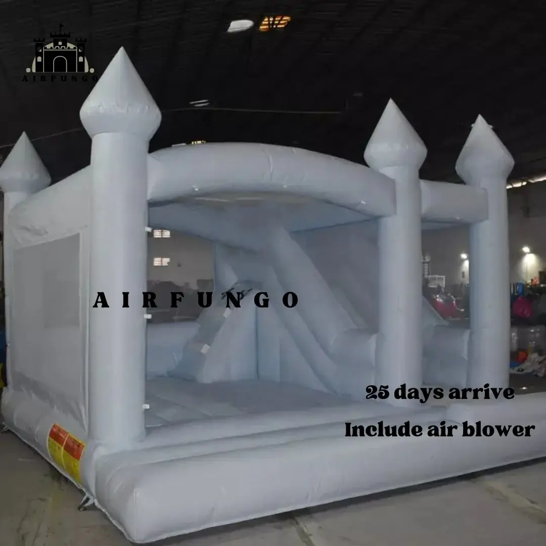 Castelo Bouncy inflável personalizado para crianças, cor pastel, casa branca, fosso de bolas e corrediça, moderno, 13x13x11ft