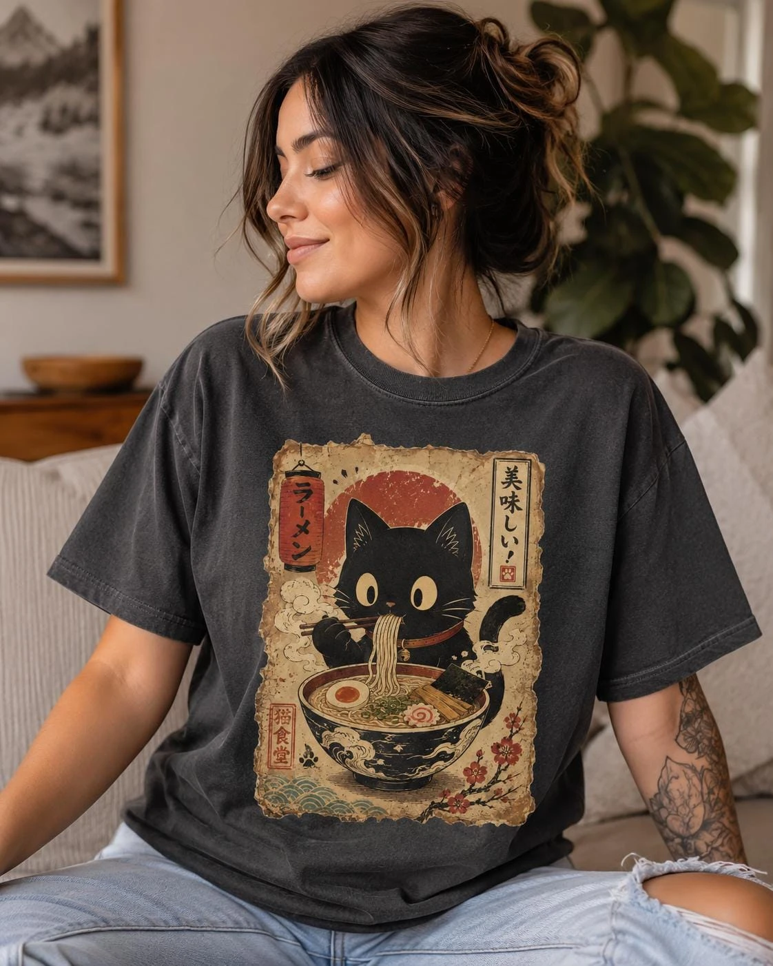 Ramen Cat Shirt, Cute Black Cat Noodles Tee, Japanese Food Shirt, Cat Lover Gift
