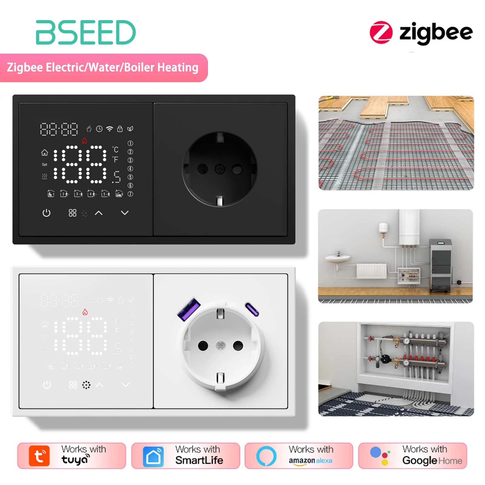 

BSEED Zigbee Thermostat Smart Electric Floor Heating Water Boiler With Socket Alexa Google Temperature Controller Plastic Frame