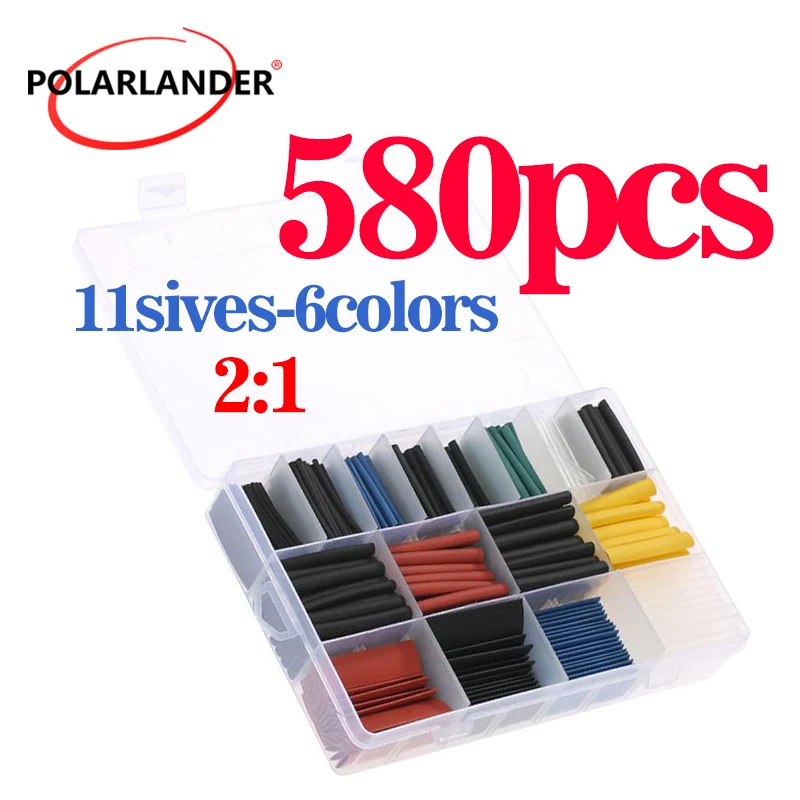 Electrical Heat Shrink Tubing Kit 580Pcs Polyolefin 2:1 Multi‑Size Multi‑Color Wire Cable Insulation Protective Sleeving