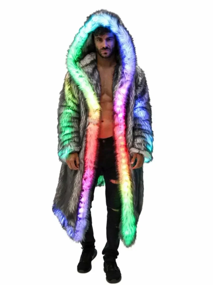 New LED Faux Fur Coat for Men Hooded Comfortable Thickened Winter Coat  Multi-Scene Personalized LED Stage Dance Party Costume