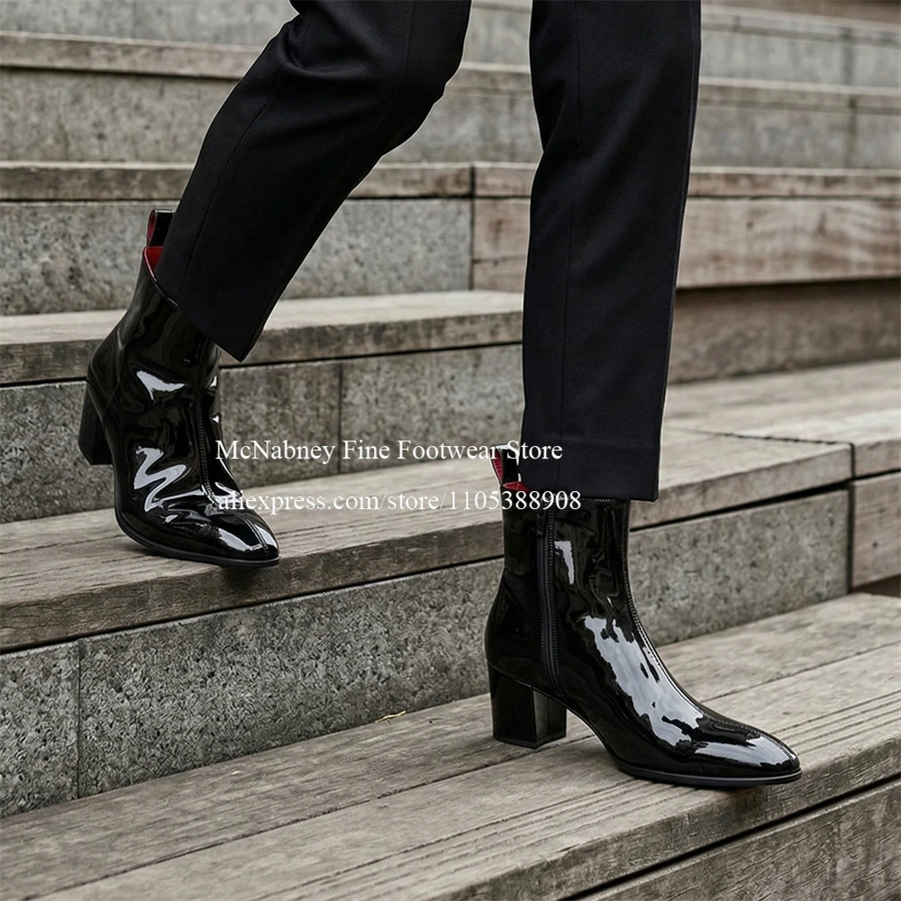 

Классические мужские ботинки из лакированной кожи с заостренным носком и боковой молнией, с элегантной красной подкладкой, для делового и повседневного стиля