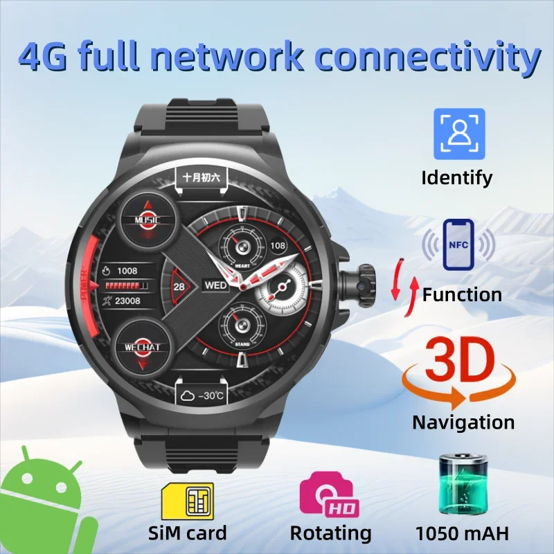 

GT100 New Smartwatch 1.85-inch Display HD Screen Android OS 4G SIM Card 180° Rotating Camera WiFi Waterproof Smart Watch Men