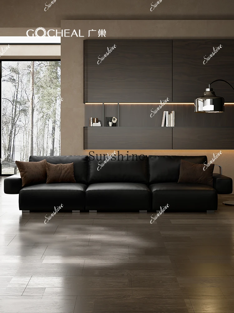 Black leather sofa large flat floor living room corner Italian atmosphere first layer cowhide design leather art combination  FT