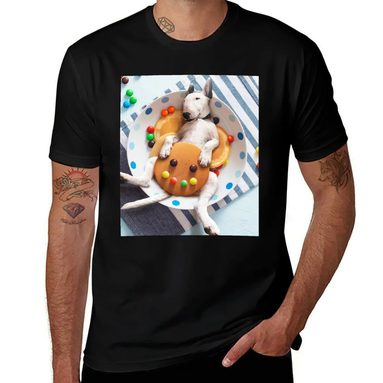 Miniature Bull Terrier Pancakes T-Shirt Trendy Pattern for Men T-Shirt