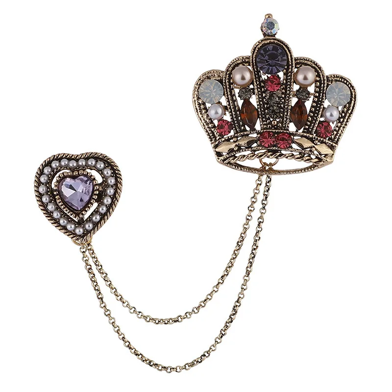 Vintage Baroque Pearl Diamond Crown Brooch Fashion Versatile Suit Heart Pin Source