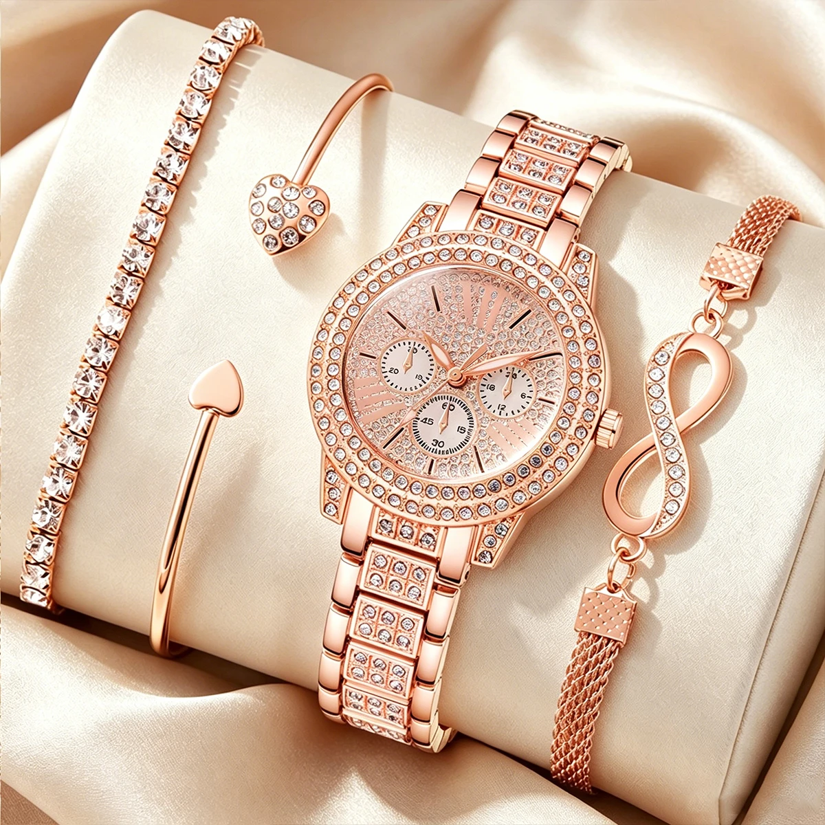 4PCS Fashion Diamond Women Quartz Watch Bracelets Set Ladies Dress Wristwatches Clock Gift  Relogio Feminino (Without Box)