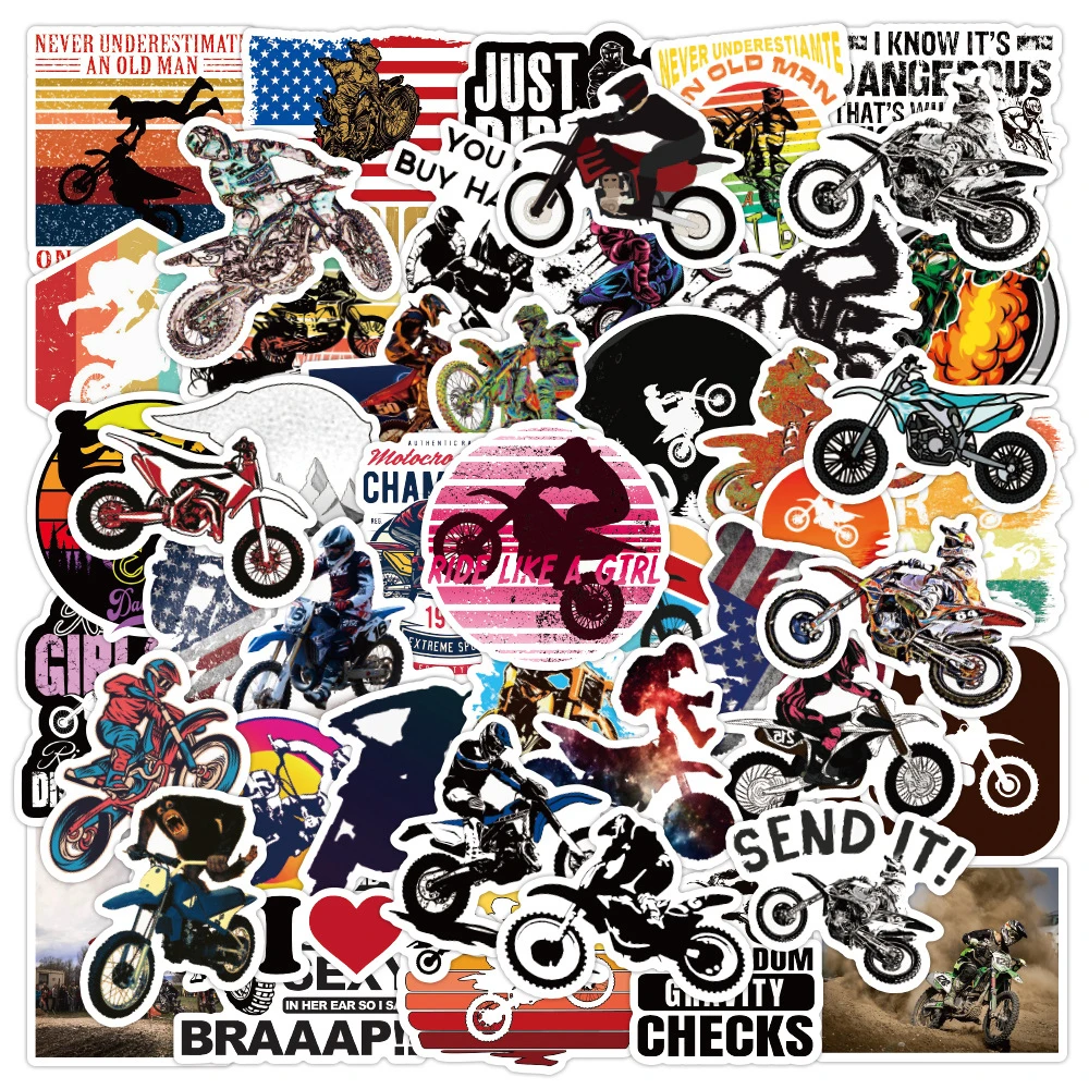 10/30/50pcs Motocross Motorcycle Stickers Cartoon Dirt Bike Decals DIY Skateboard Helmet Phone Luggage Cool Waterproof Sticker