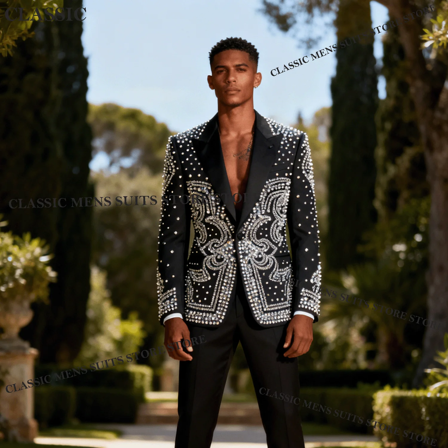 

Customized Glitter Coat Style Men Suit 2 Piece Sets Groom Male BlazersRhinestone Beaded Peaked Lapel Ropa hombre Wedding Tuxedos