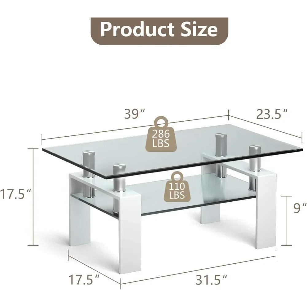 Mesa de centro retangular de vidro, mesa de centro lateral moderna com prateleira inferior, tampo de vidro temperado e pernas de metal