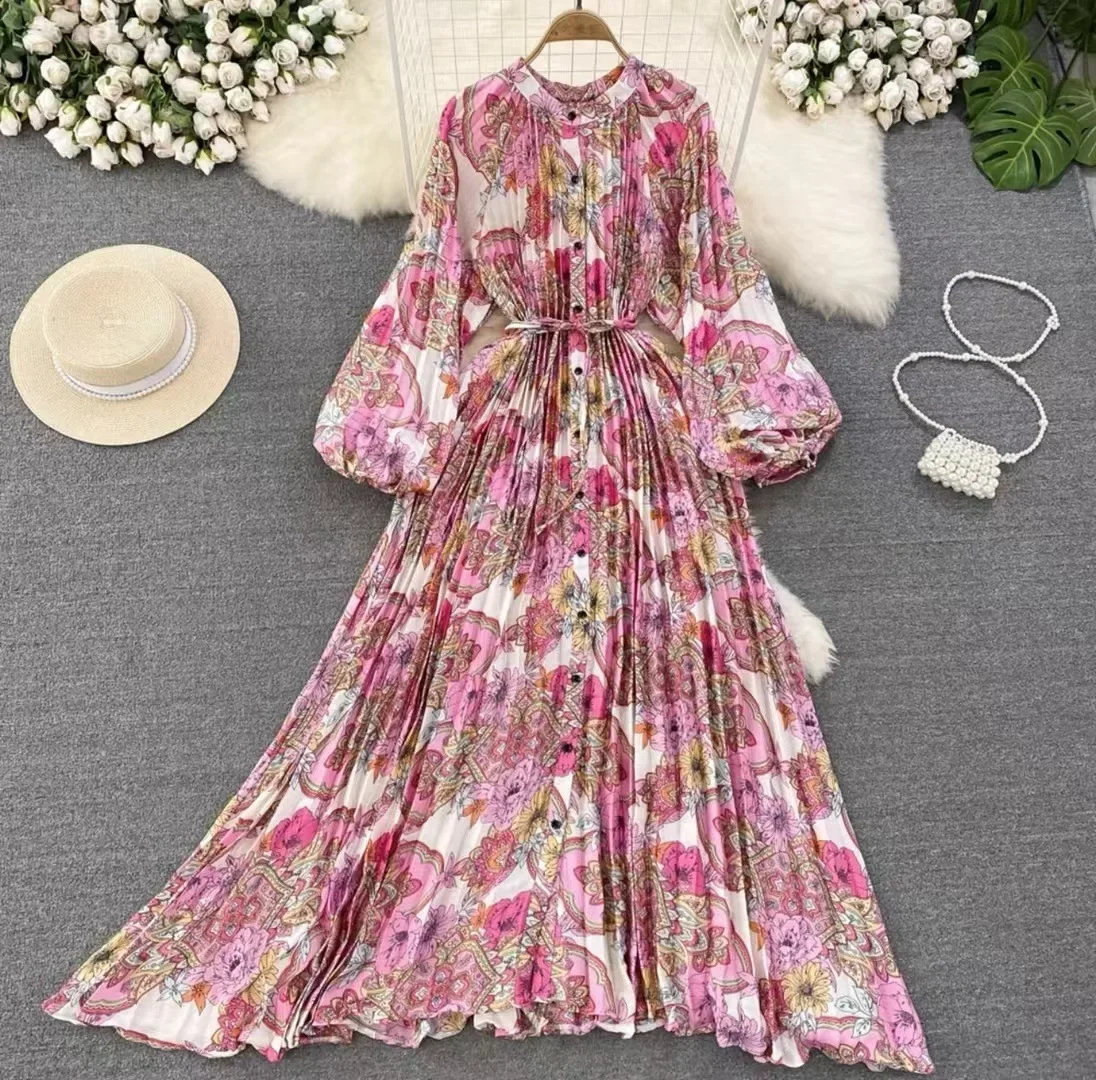 

Luxurious Lantern with Long Sleeves Waistband Slimming Effect Single Breasted Printed Dress Elegant Long Skirt Women's Dress