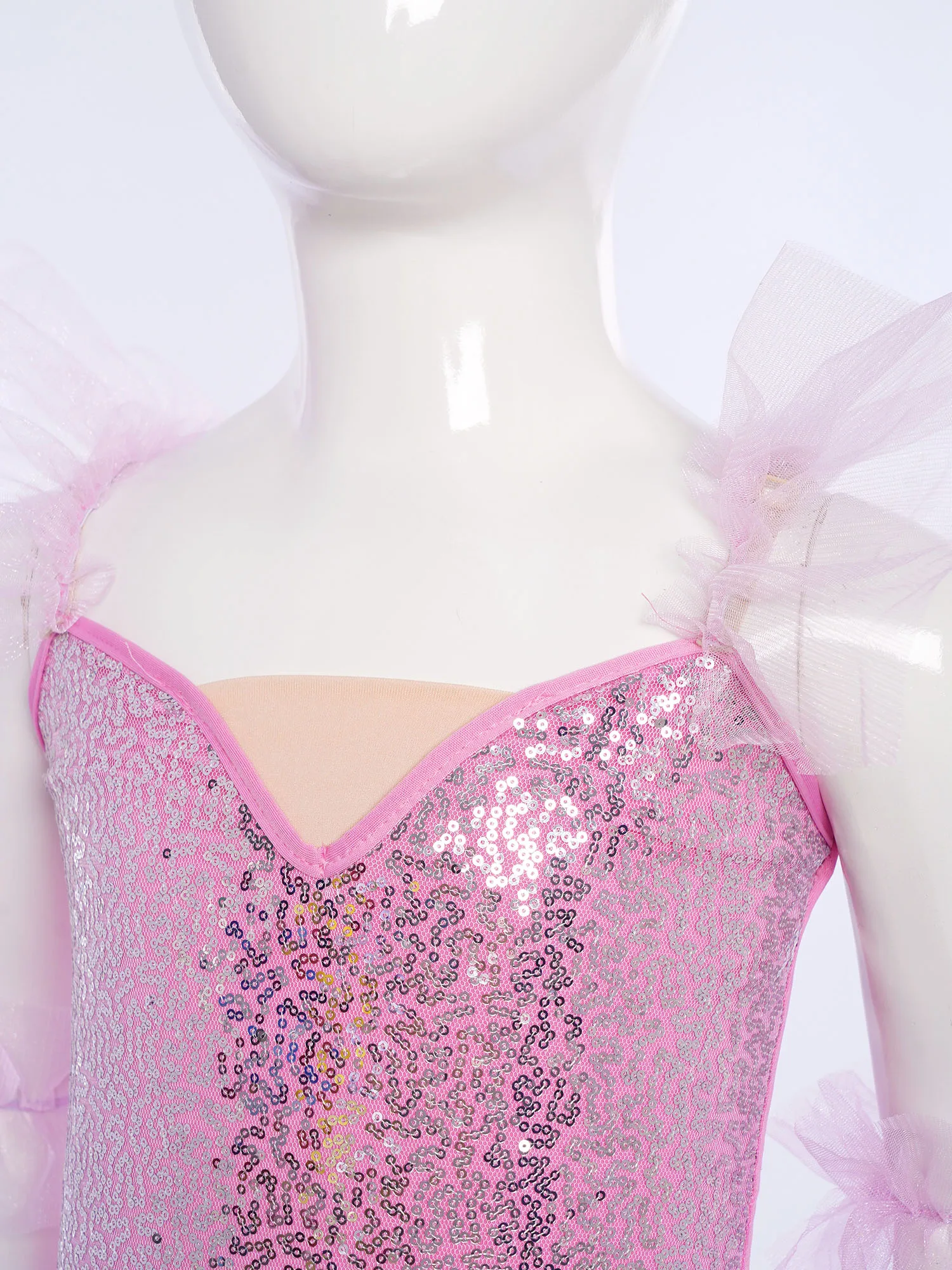 

Kids Girls Ballet Dance Dress Ruffled Sleeves Adjustable Straps Shiny Sequins Bodice Layered Tulle Tutu Dress+Headwear+Cuffs Set
