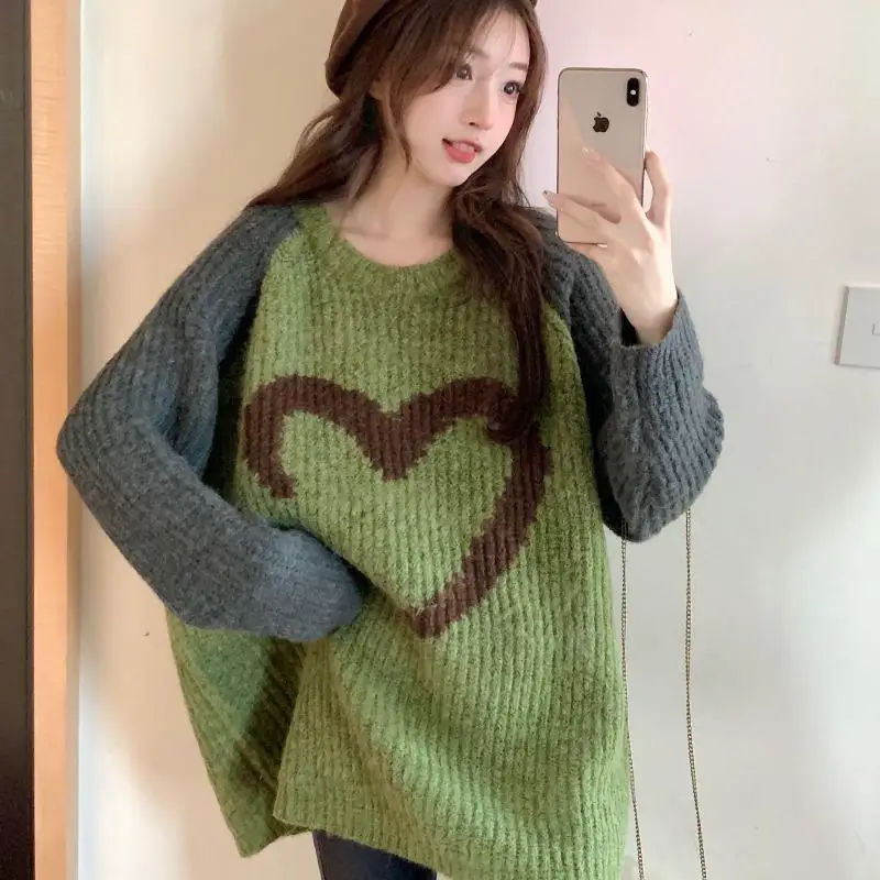 Patchwork Sweaters Women Knitted Panelled Pullovers Female Fashion Simple Leisure Thicker All-match Sweet Cute Tender Loose Chic