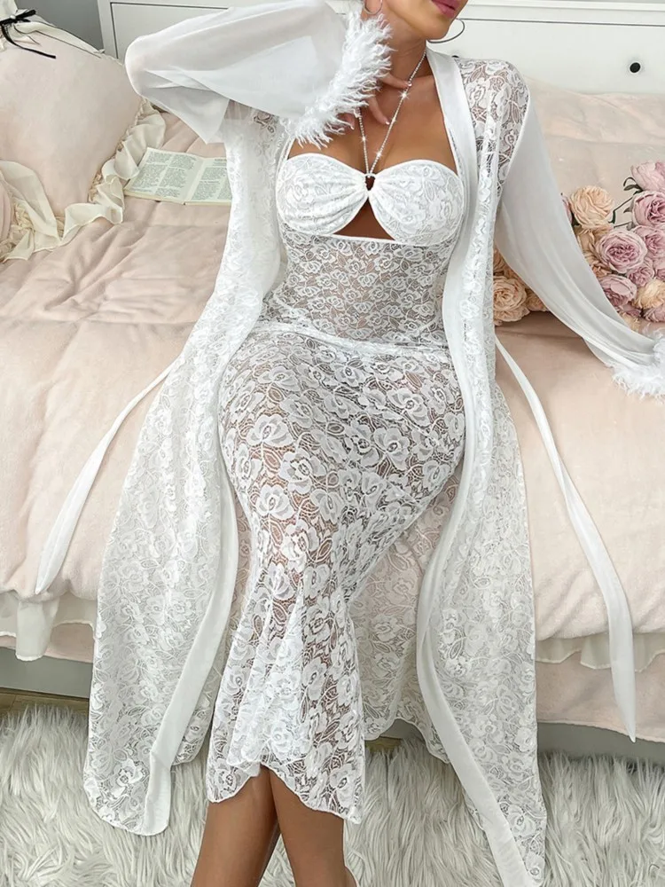 

Dresses For Woman Sexy Pajamas Vestidos Two Piece Outfits Dress Cardigans Lace Spaghetti Strap Elegant Homewear Solid Color Robe