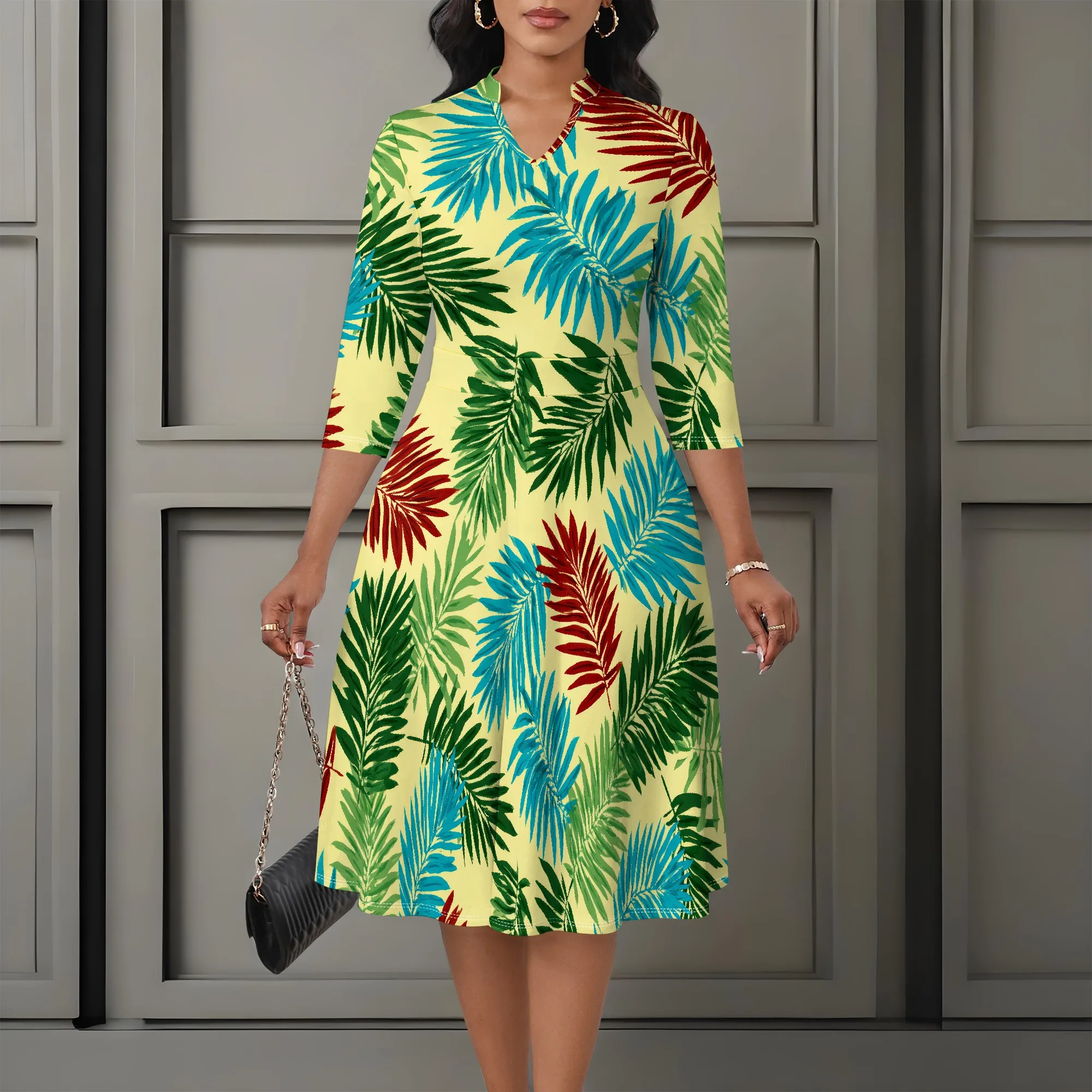 ผู้หญิงElegant 3/4 Sleeveเซ็กซี่สูงเอวVคอRuffleชุดA-Line Flowy Sundressค็อกเทลปาร์ตี้Midiชุด