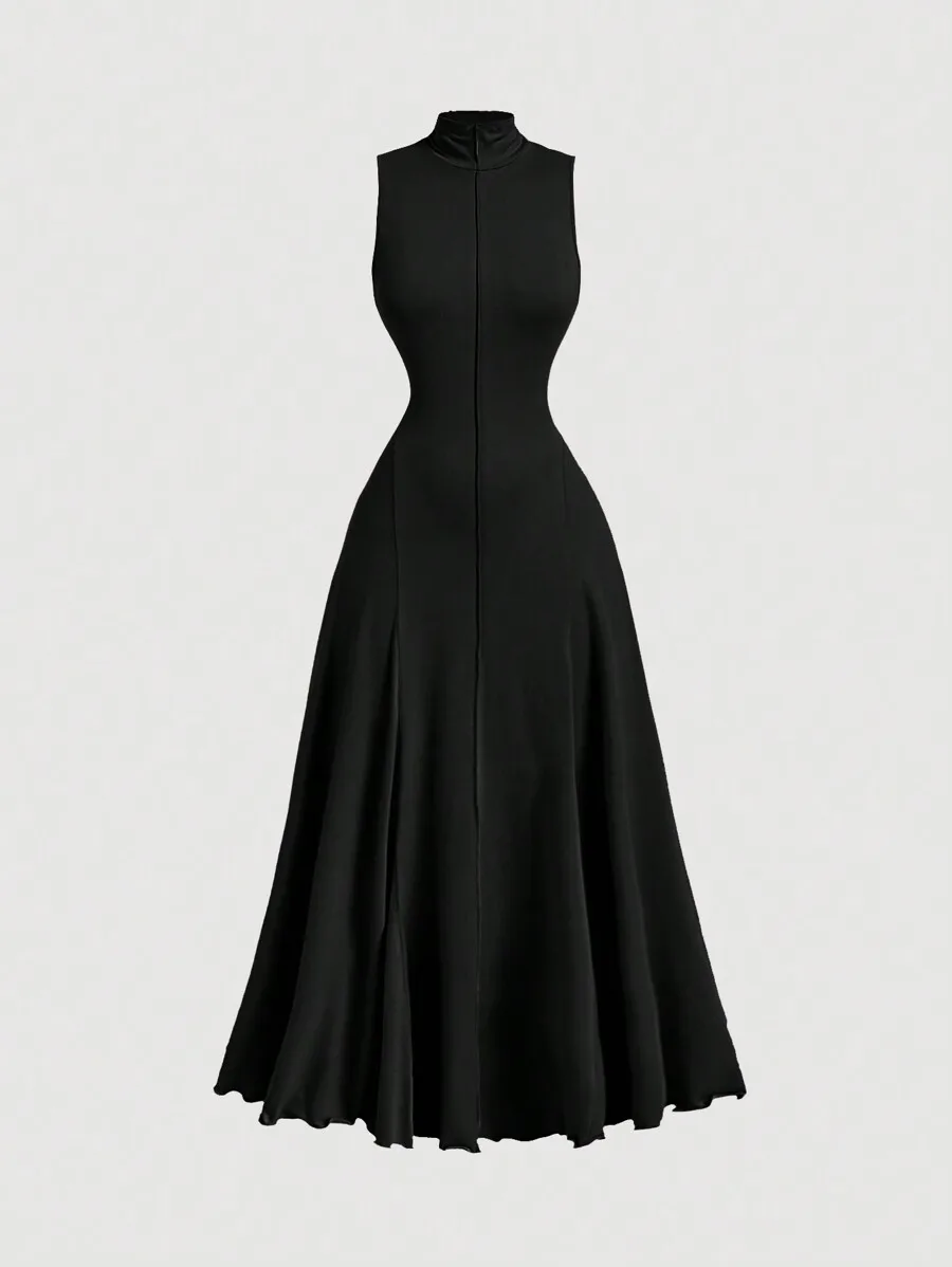 Black High Neck Sleeveless A-Line Midi Dress for Women