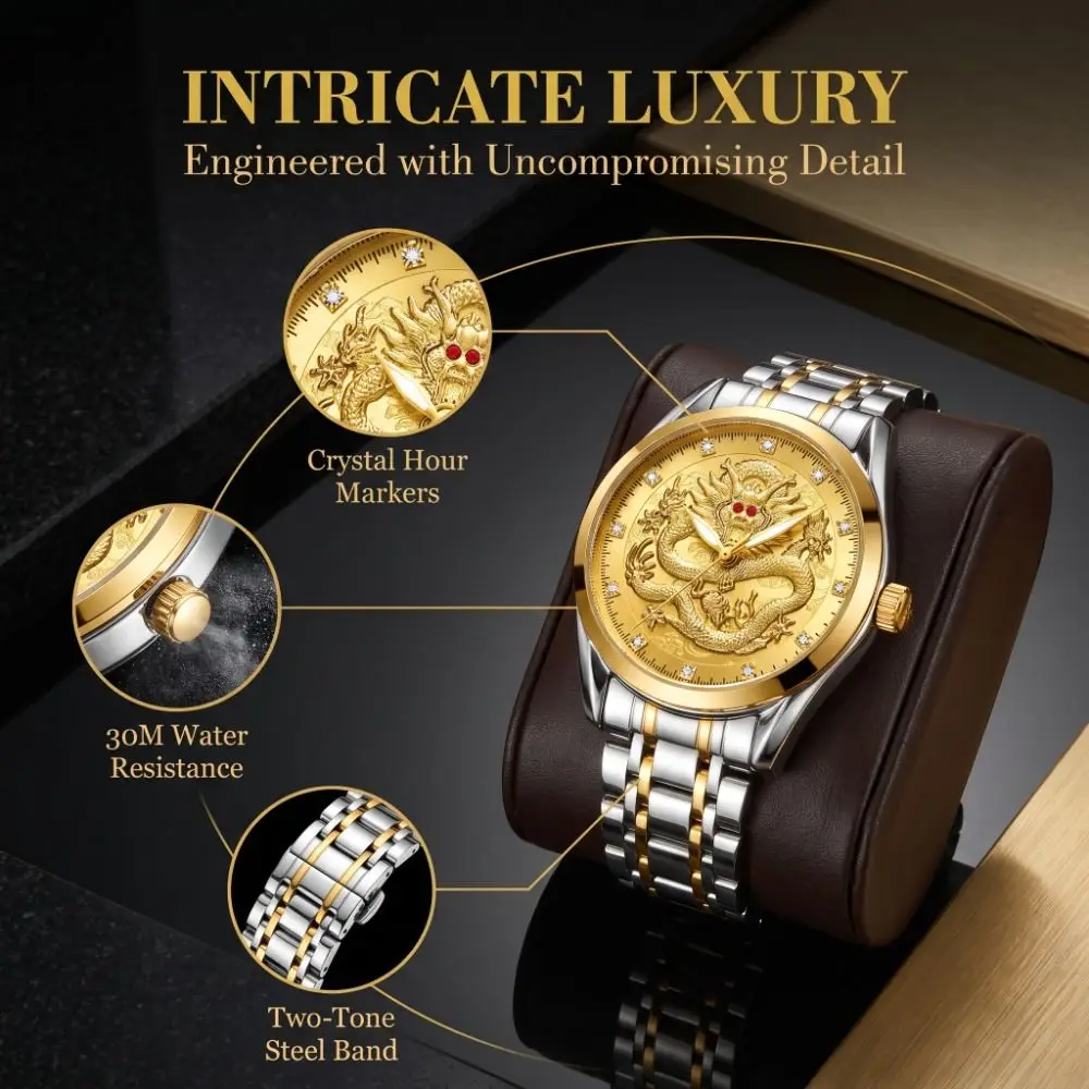 Luxury Stainless Steel Band Men's Watch Luminous Gold Color Dragon Pattern Clock Ultra-Thin Waterproof Quartz Watch Men