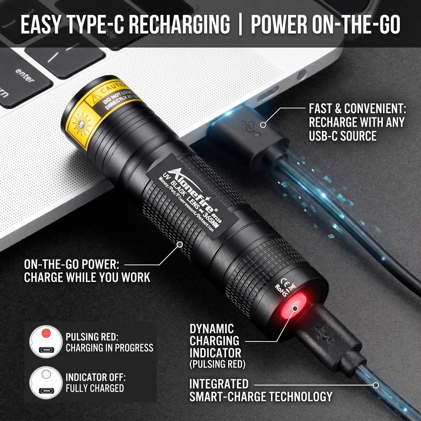 Mini 365nm/395nm UV Flashlight Usb Rechargeable UV Glue Curing Torch Cat Dog Pets Urine Tinea Money Ore Scorpion Detection Light view 5